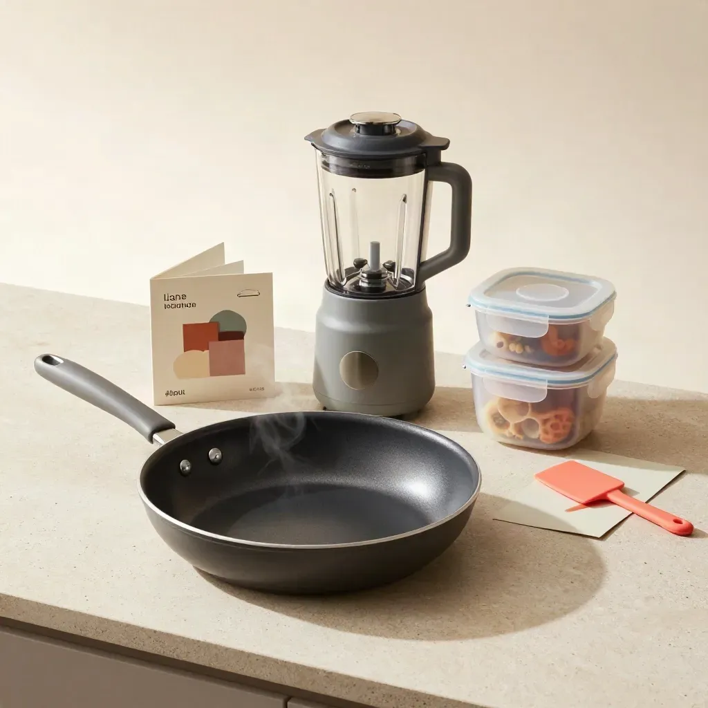 Padella antiaderente, mini frullatore e contenitori cucina su pietra chiara, luce drammatica