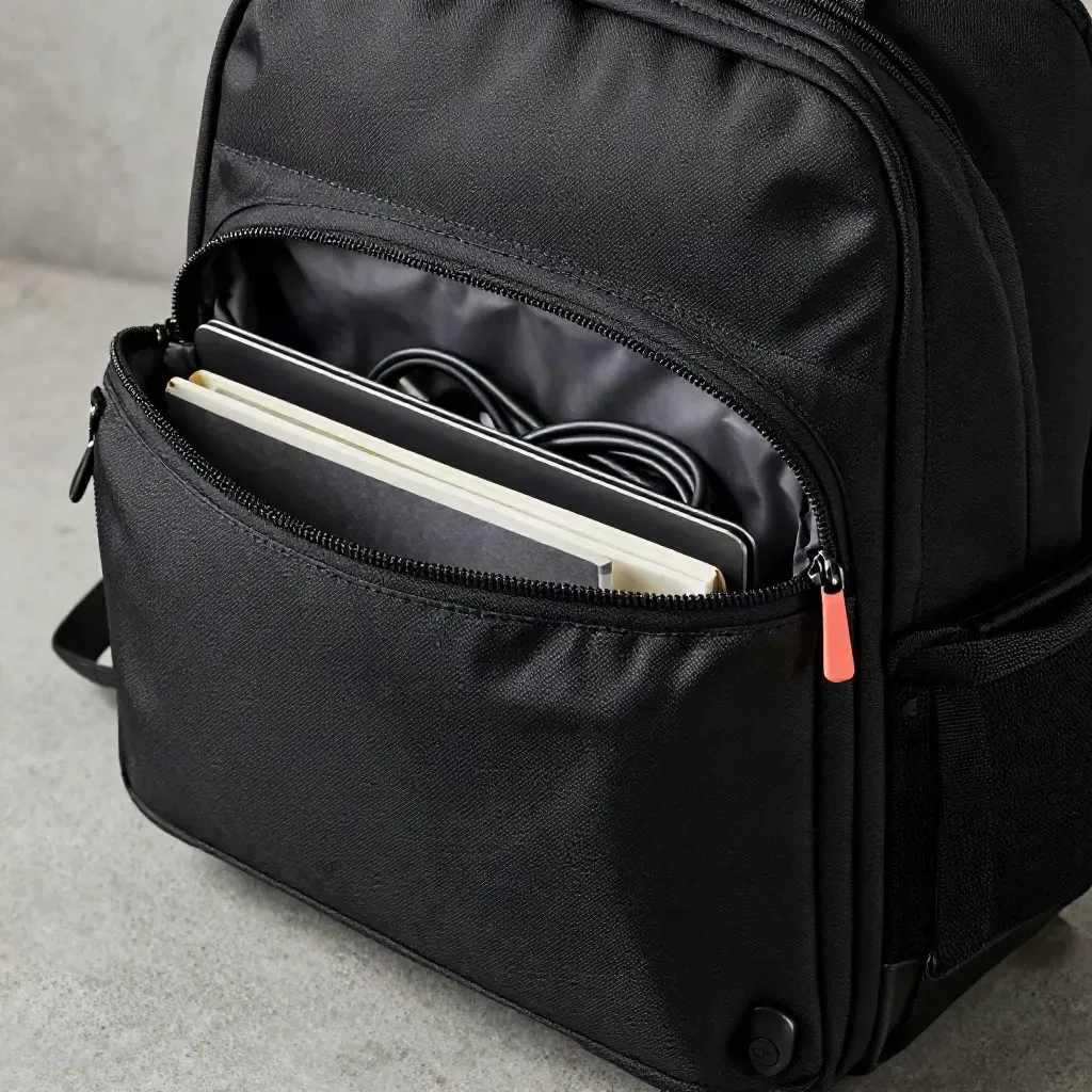 Zaino laptop nero semiaperto con laptop, taccuino e cavo su cemento chiaro