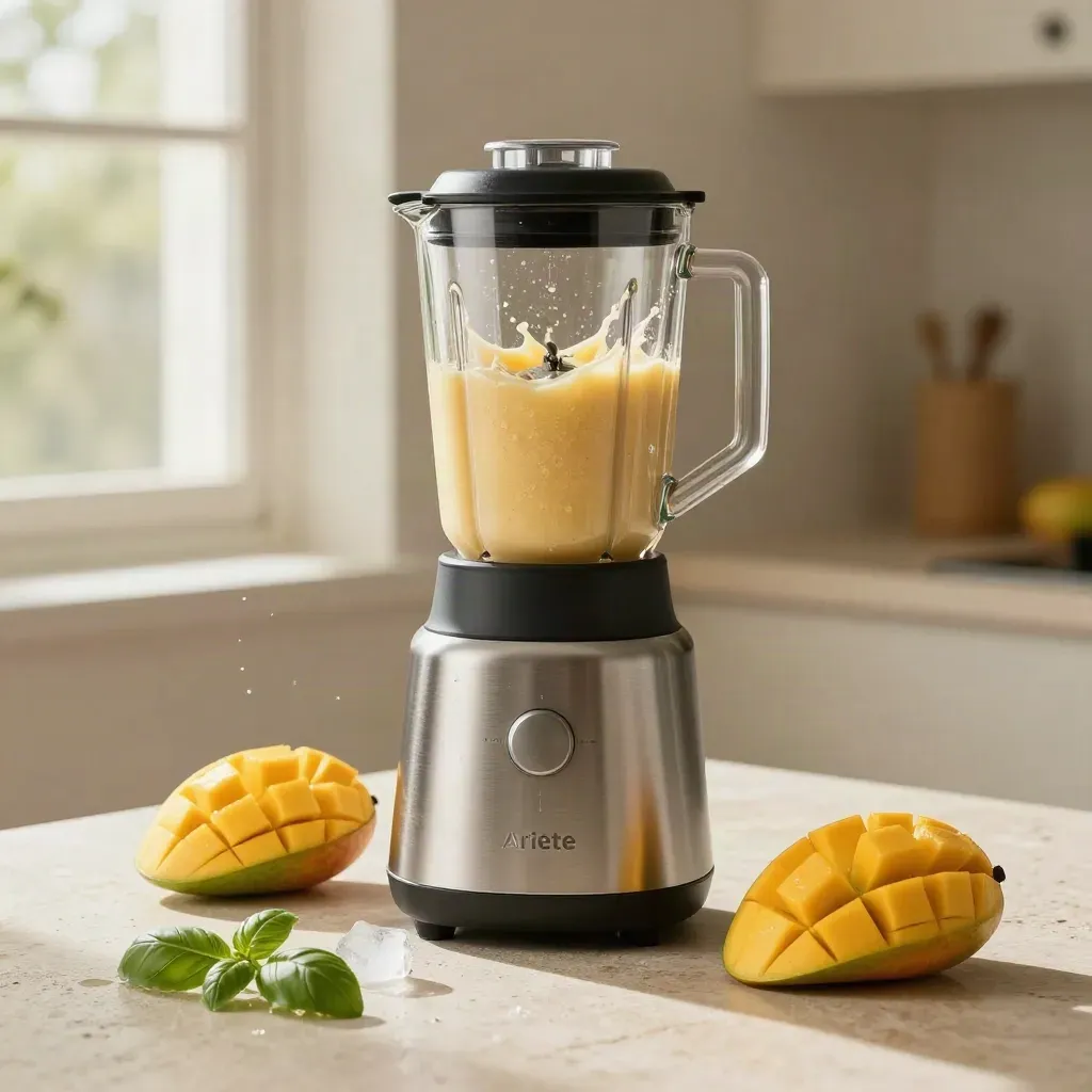 Frullatore compatto con mango, ghiaccio e basilico su pietra chiara, luce morbida.