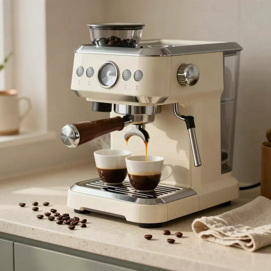 Macchina caffè vintage crema con tazzine, chicchi e vassoio in legno chiaro, con vapore leggero.
