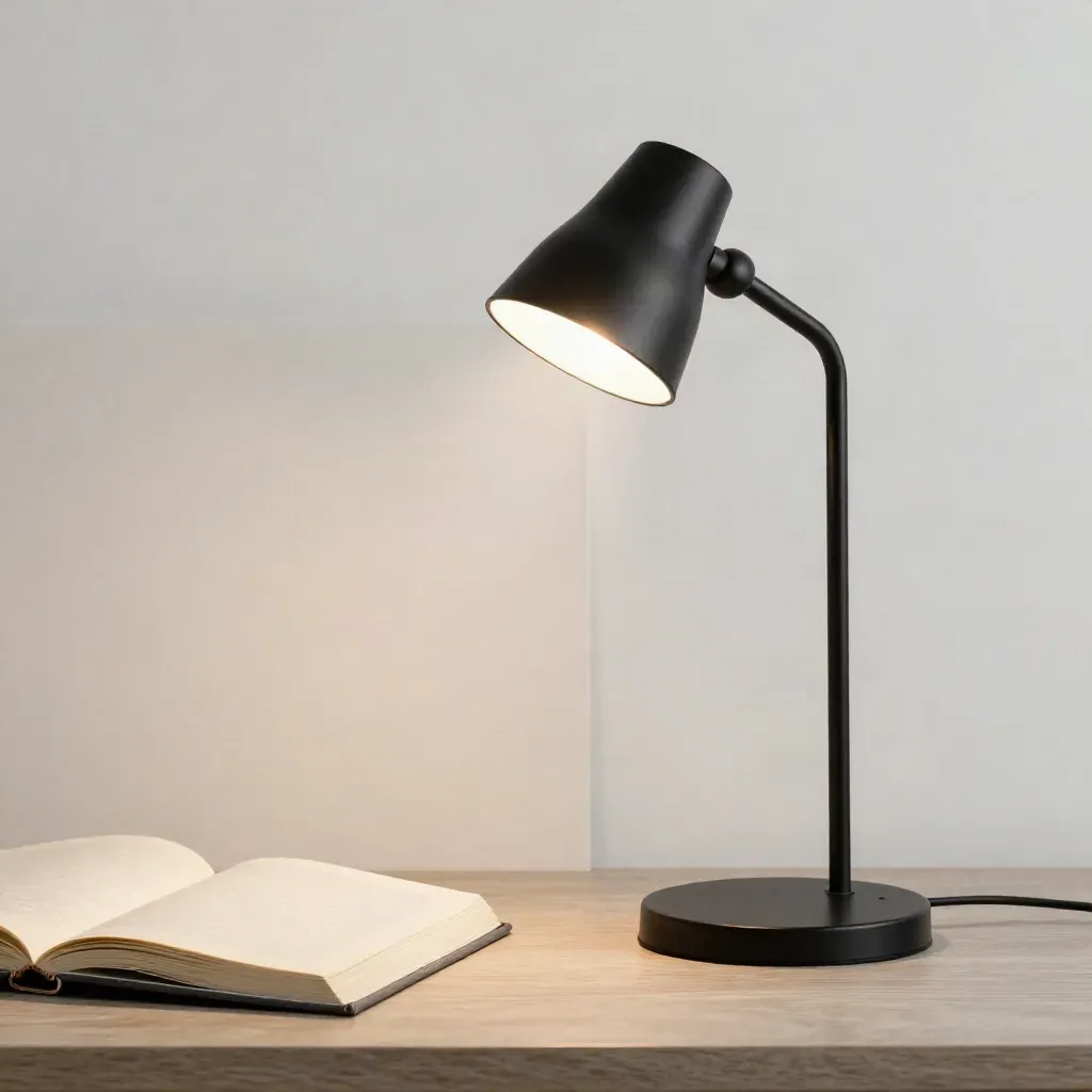 Lampada LED nera con libro chiuso e taccuino in lino su piano chiaro, luce calda