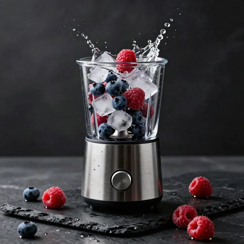 Frullatore mini in acciaio con frutti di bosco e ghiaccio, splash rossa su fondo scuro