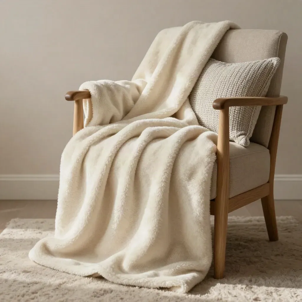 Coperta in pile crema su poltrona in legno e lana, atmosfera calda e morbida