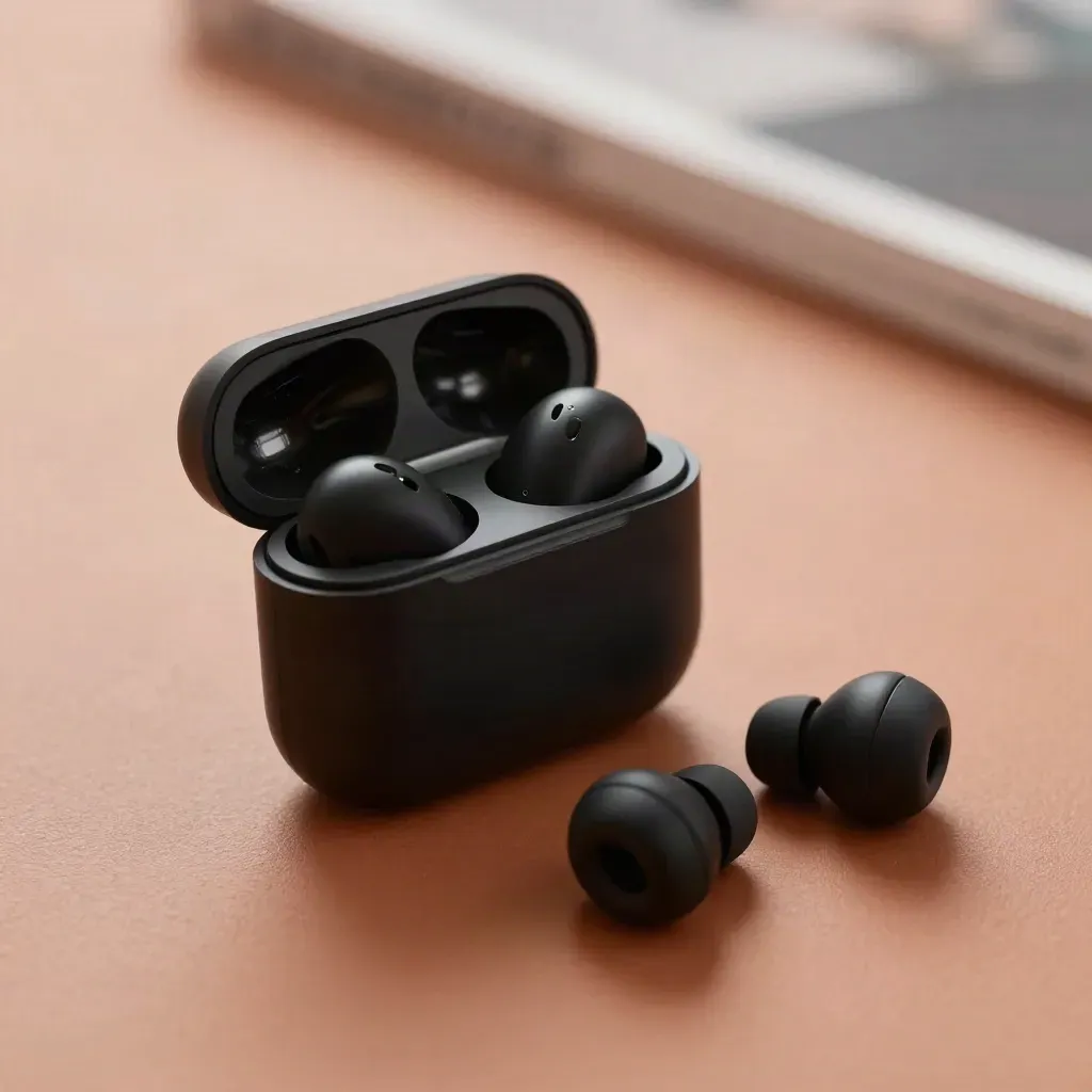 Auricolari Bluetooth neri aperti con gommini extra e cavo di ricarica su fondo terracotta.