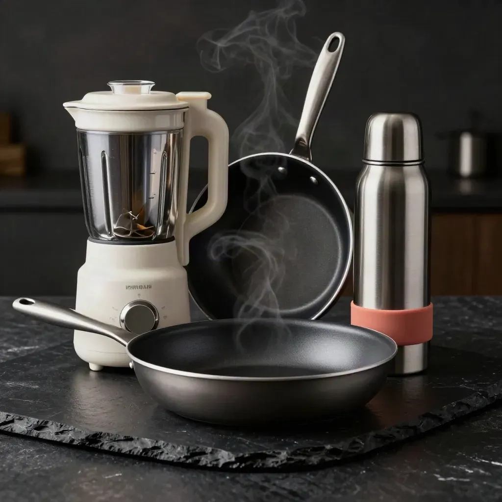 Tre prodotti casa e cucina su sfondo nero con luce drammatica e accento corallo.