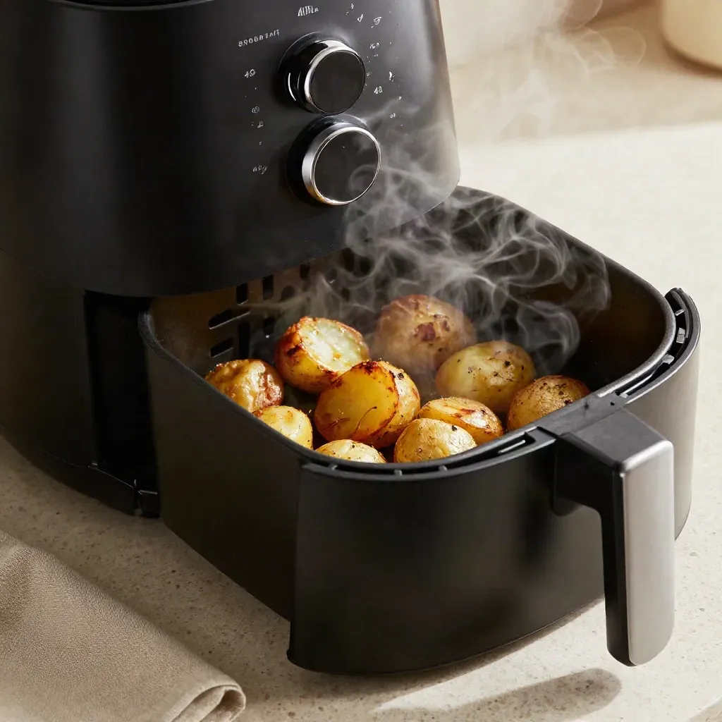 Friggitrice ad aria nera con vapore, patate arrostite e canovaccio neutro