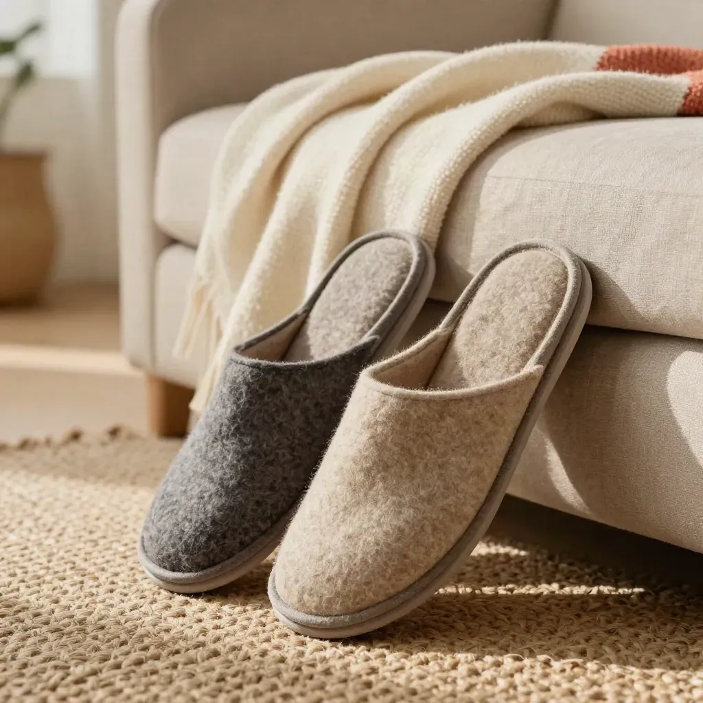 Pantofole calde in feltro e lana su divano con tappeto intrecciato e coperta, luce soffusa.