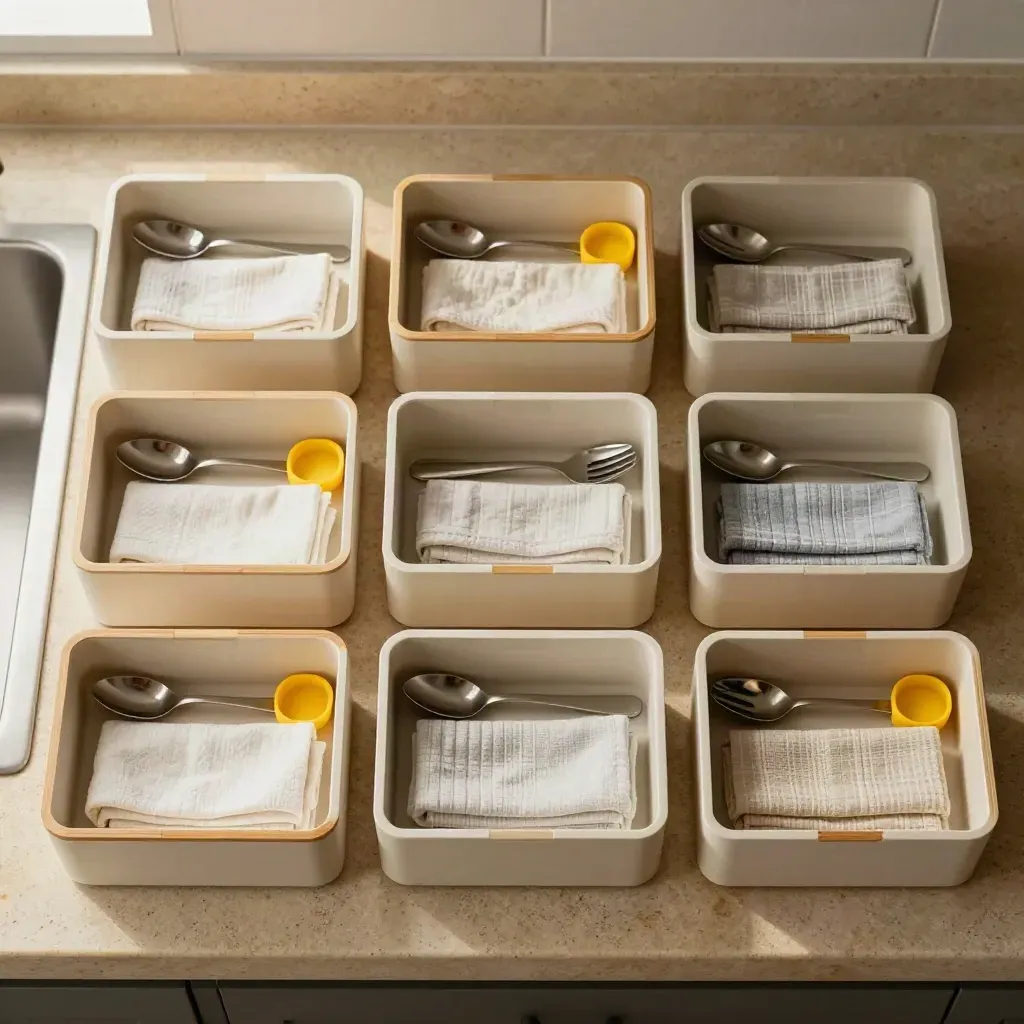 Organizer modulari in plastica opaca e bamboo con utensili e asciugamani arrotolati.