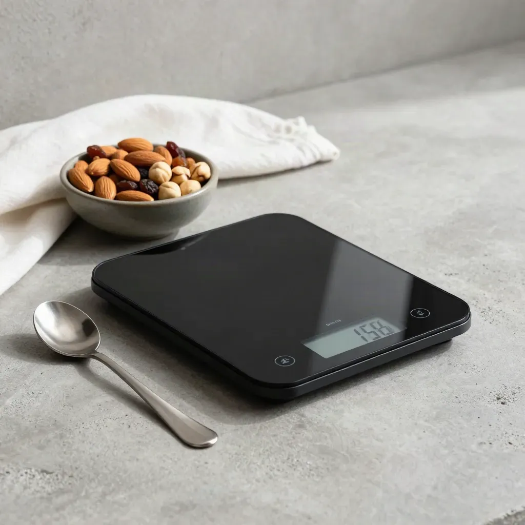 Bilancia cucina digitale nera con frutta secca e cucchiaini in acciaio su cemento chiaro.