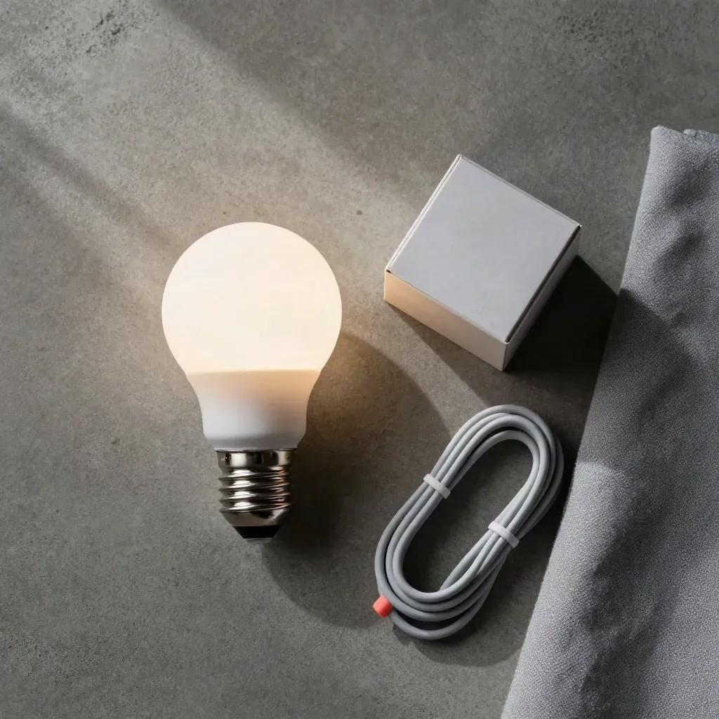 Lampadina smart Wi‑Fi, scatola neutra, cavo arrotolato e tessuto grigio su lastra di cemento.