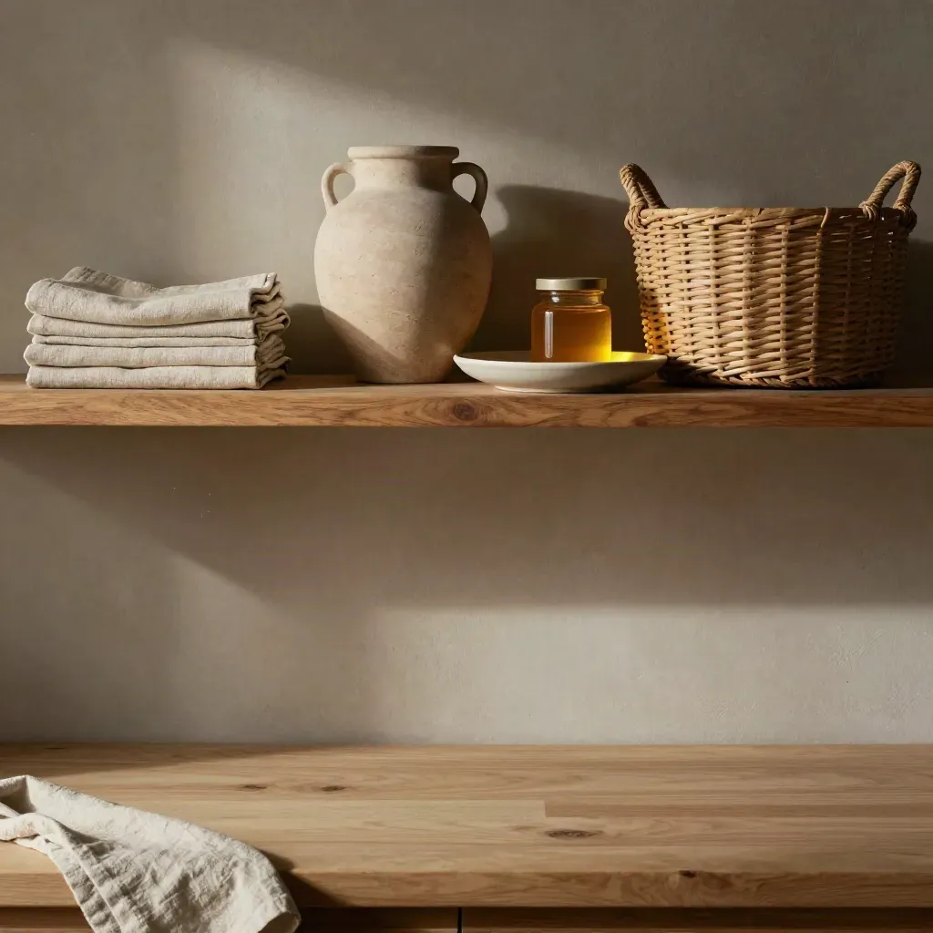 Angolo domestico ordinato con mensola in legno, lino e ceramica, luce calda del tardo pomeriggio
