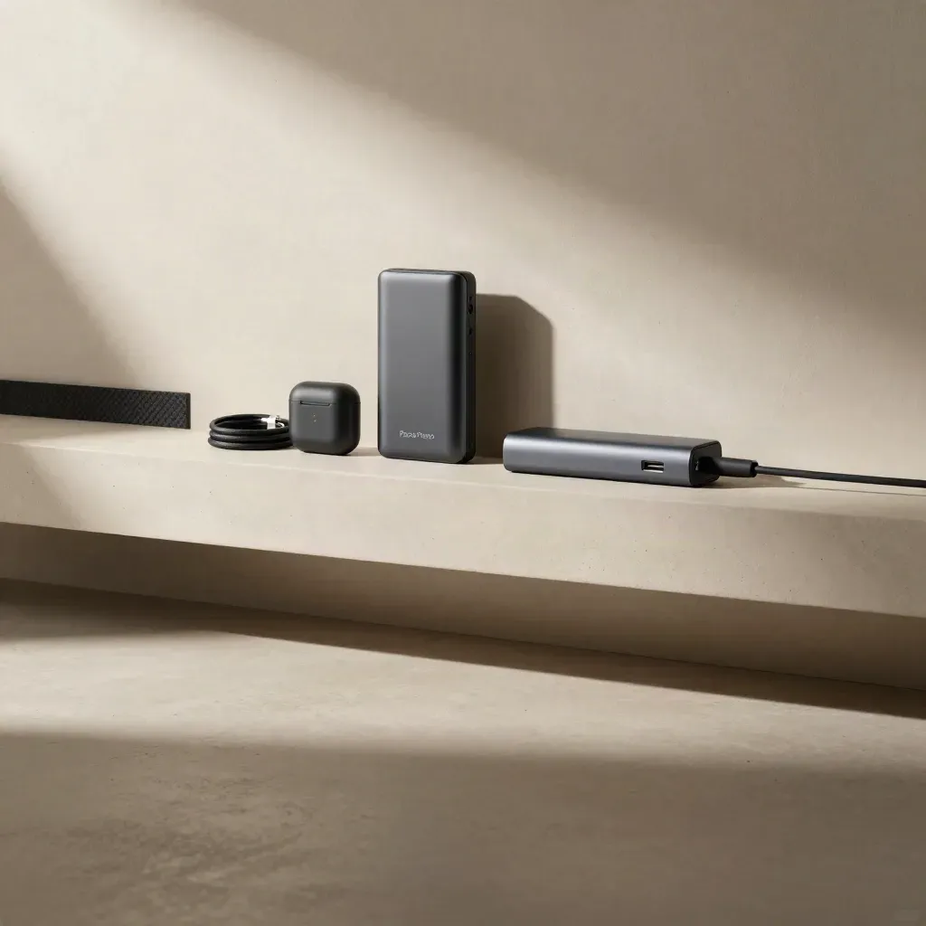 Interno minimale con accessori tech su cemento levigato e luce radente dall’alto a sinistra.
