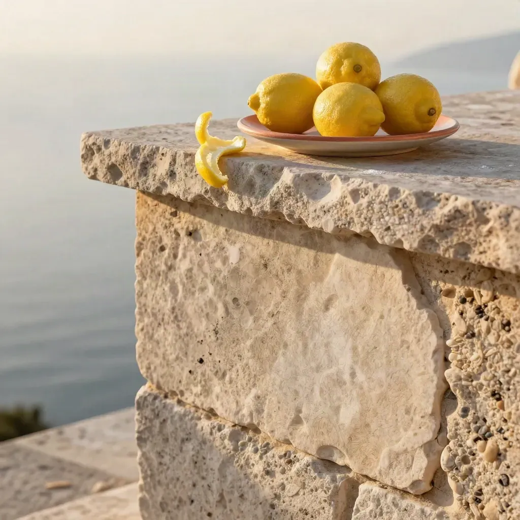 Terrazza mediterranea al sole con limoni e piatto in ceramica su pietra chiara
